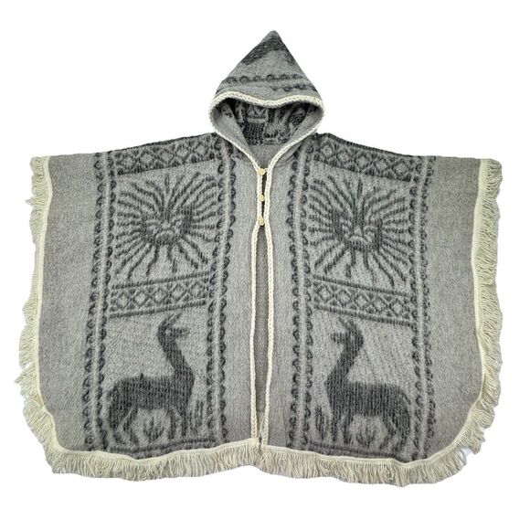 Vintage Alpaca Wool Poncho Cape Hooded Llama Fringe Peru Handmade Boho OS - Picture 3 of 15